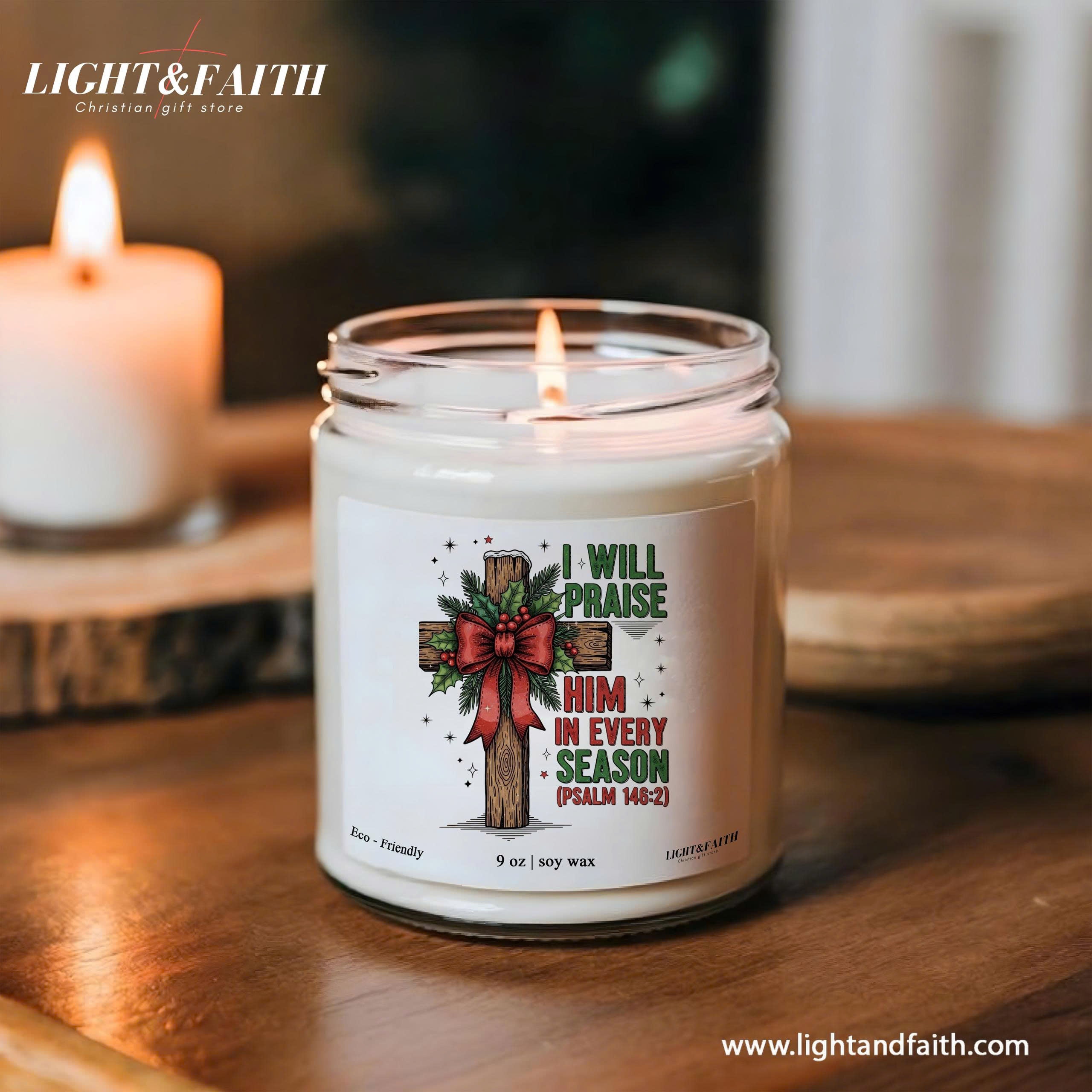 I Will Praise Him Christian Candle, Psalm 146:2, Inspirational Bible Verse, Christmas Cross Design, Uplifting Gift for Every Season CDLAF27